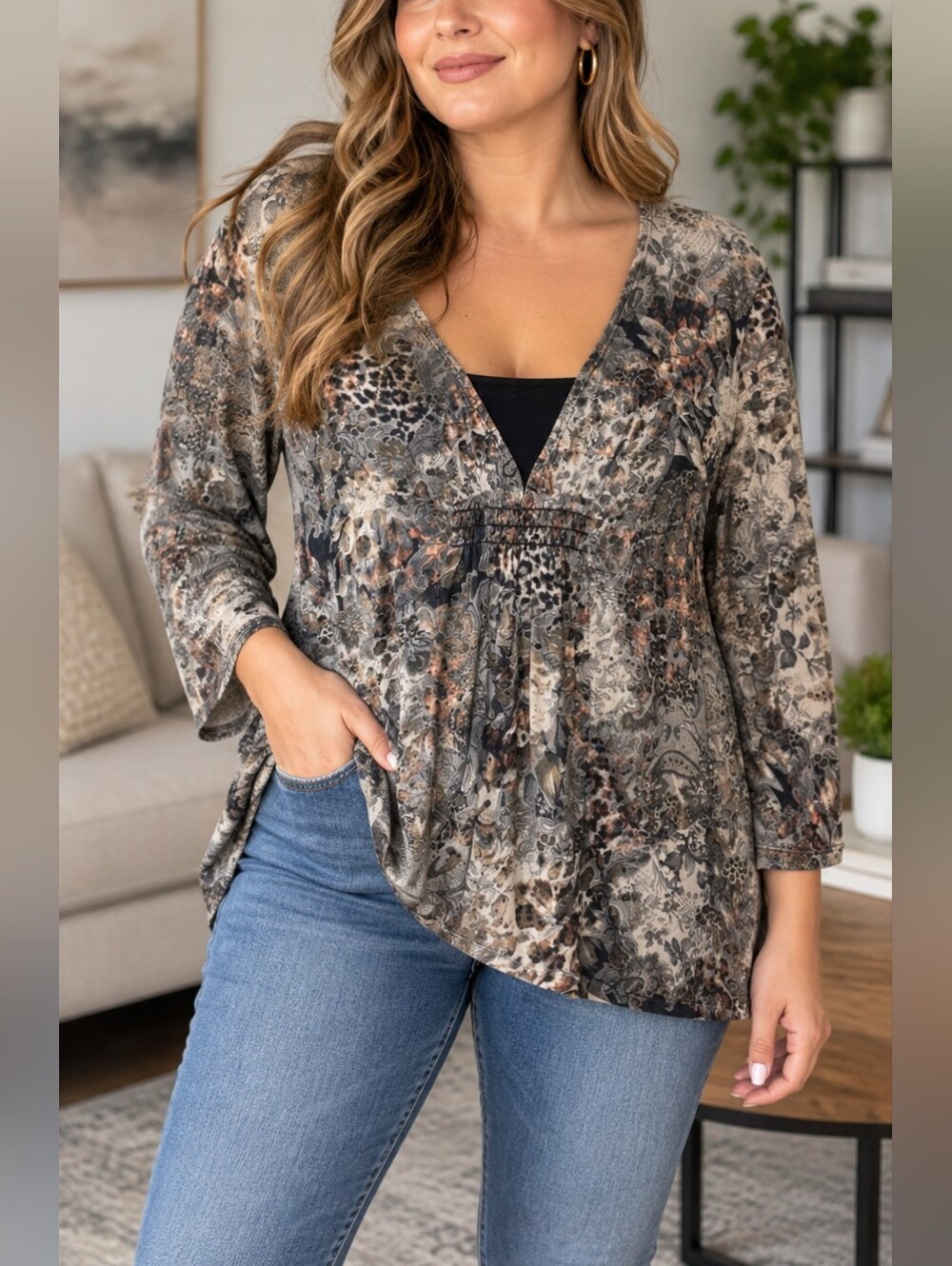 Reitmans XL Mixed Animal Floral Print V-Neck Long Sleeve Top